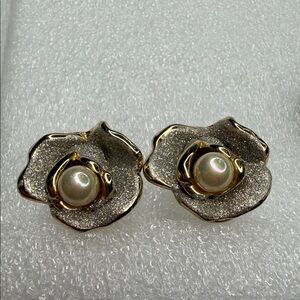 Vintage Gold and Silver Flower Clip Earrings with Pearl